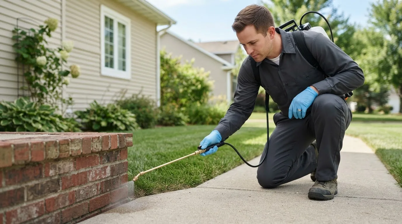 Pest control technician treating a home near Coon Rapids, IA