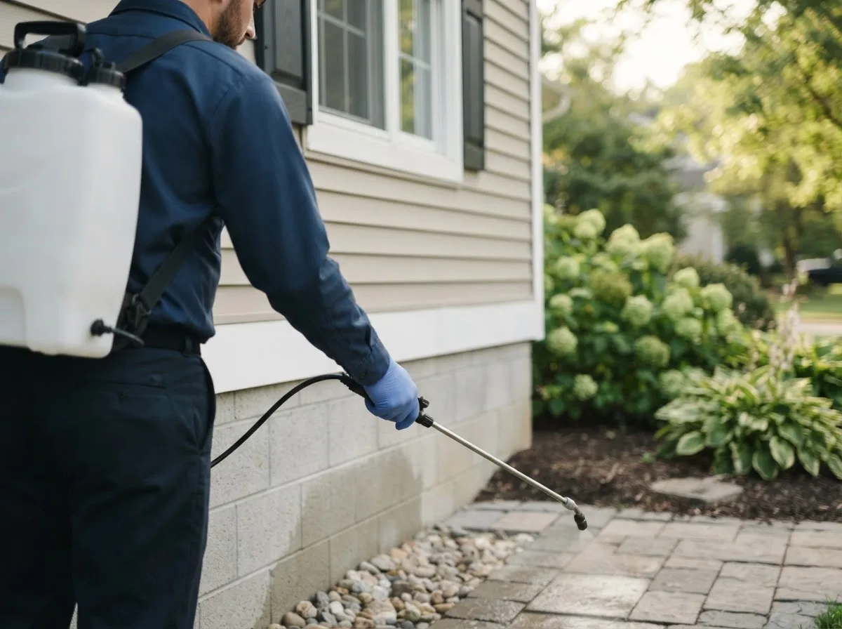 Pest control technician inspecting a home in Coon Rapids, IA